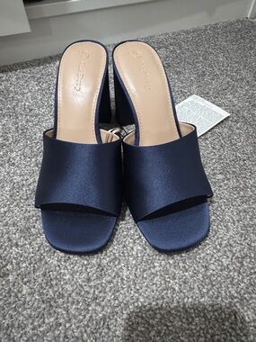 Satin Navy Slide Mules with Block Heel
